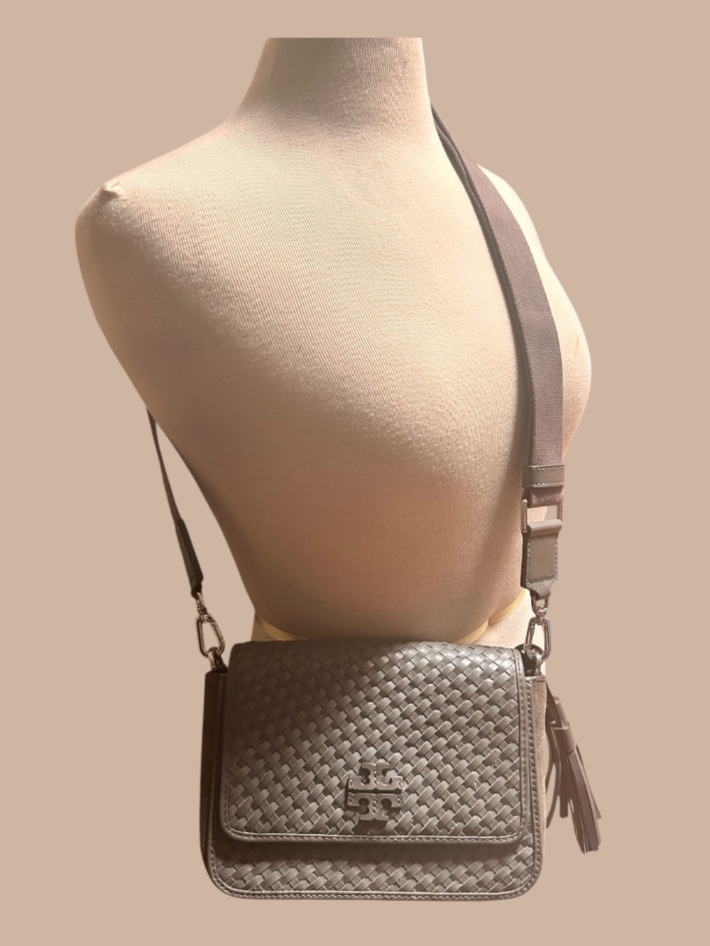 Rare Tory Burch Thea Woven Web Flap Zinc Leather Cross Body Bag Gray, EUC